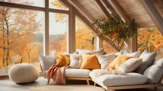 Bright, cozy autumn living room with large windows showing fall foliage. Light wooden beams, plush sofa with orange cushions, and natural light create a warm, inviting atmosphere.