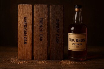 A collection of three different types of wood staves (American oak, French oak, Sherry cask wood) next to a bottle of aged Bourbon whiskey, with sawdust scattered lightly around the base. 