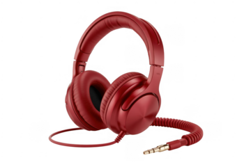 Red headphones with cord and gold plug isolated on a transparent background