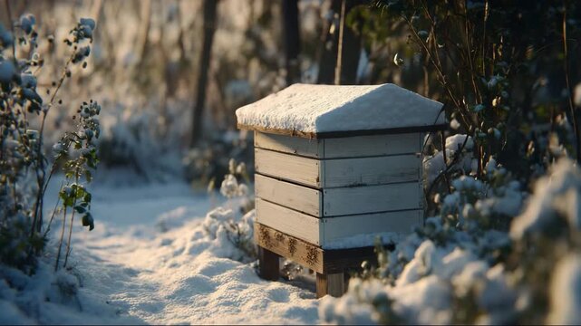 Snow-covered beehive in winter landscape surrounded by trees  