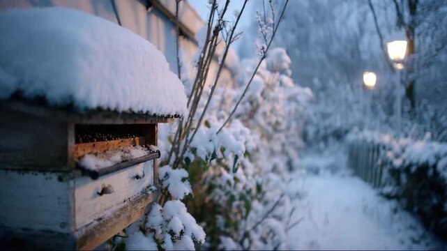 Snow-covered mailbox in peaceful winter garden at dusk  