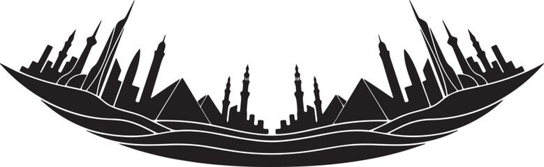 futuristic cityscape skyline reflecting in water with ancient egyptian pyramids and modern towers