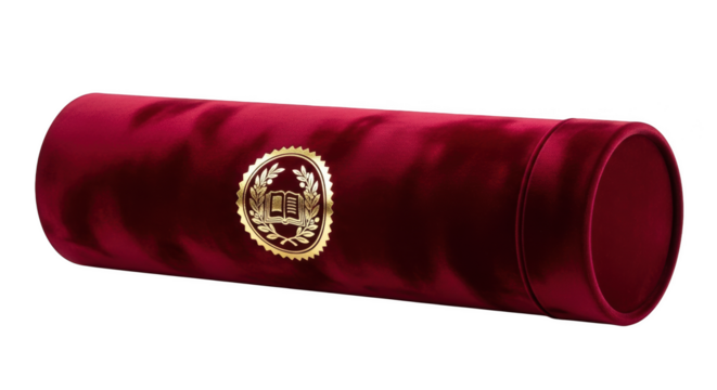 Red Velvet Cylinder Tube with Gold Emblem on Black Background container - Powered by Adobe