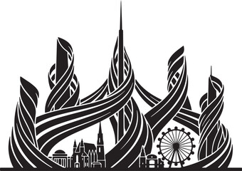 Swirling futuristic skyscrapers and city landmarks with Ferris wheel vector art
