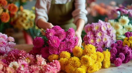Florist Arranging Vibrant Chrysanthemums at Flower Shop.