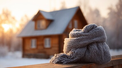 Cozy scene a grey scarf on a wooden railing with a rustic house in the background bathed in soft winter sunlight
