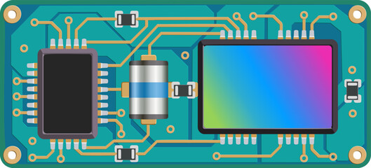 Illustration of a printed circuit board with microcontroller, display module, and components, representing embedded systems, electronics design, IoT hardware, and PCB engineering.