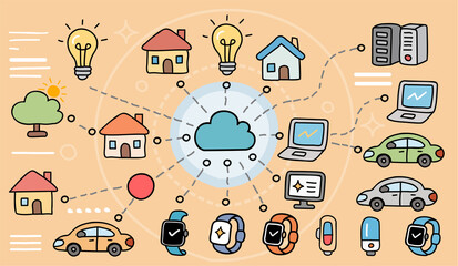 Illustration of an IoT cloud network connecting smart homes, wearable devices, vehicles, and computers, representing digital transformation, smart living, and connected ecosystems.