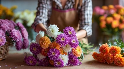 Florist Creates Bouquet with Colorful Mums in Flower Shop.