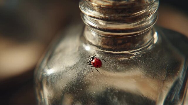 Ladybug crawling on glass bottle with soft light background  