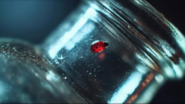 Ladybug inside a glass jar with reflections and subtle lighting  