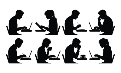 Office Work Silhouette Set of People Using Computers