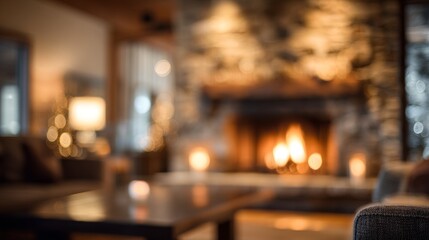 Cozy Fireplace Glow Blurry Warmth with Home Interior, and Holiday Ambiance.