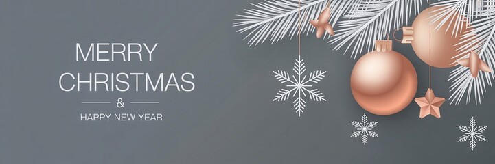 Elegant Christmas Holiday Background with Rose Gold Baubles and Frosted Pine Branches for Luxury Seasonal Marketing and Corporate Greeting Cards