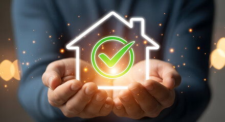 Hands holding a glowing house outline with a green checkmark, symbolizing verified property