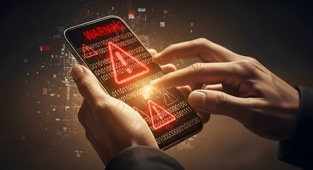 Hands holding a smartphone screen displaying a prominent warning with binary code and digital security threat