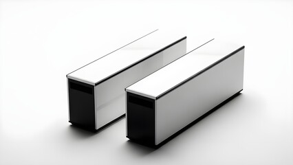 Two silver rectangular objects with black bases on a white background