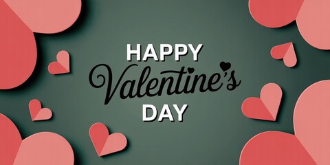 Happy Valentine's Day Greeting Banner with Romantic Pink Hearts on a Dark Green Background for Seasonal Sales, Love Wishes, and Marketing Campaigns