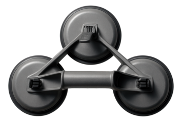 Triple-cup vacuum lifter with durable plastic for handling large glass panels in workshops.