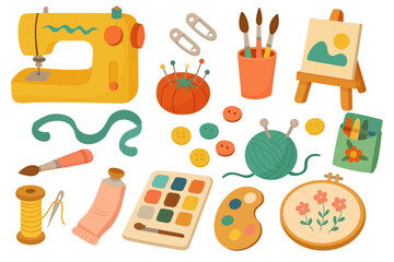 Needlework essentials with crochet hooks, yarn balls, and sewing supplies. Handmade craft tools for knitting, embroidery, and creative needlework projects in charming vector style.