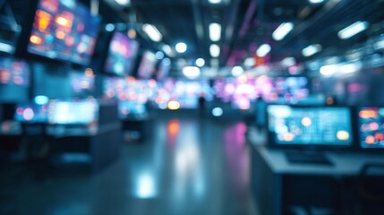 Abstract Tech Hub Blurred Screens with Bright Lights, and Future Vision.