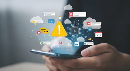 Hands holding smartphone surrounded by AI chip, social media, and notification icons