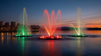 Three illuminated fountains spraying into a lake at dusk, reflecting on water