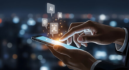 Hands holding smartphone interacting with various digital application icons over city lights background