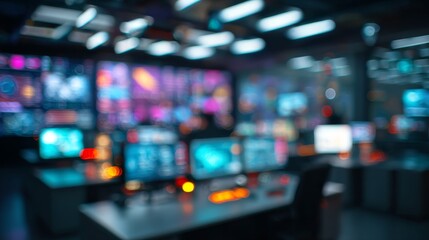 Futuristic Control Room Blurred Tech Hub with Monitors with Data Streams.