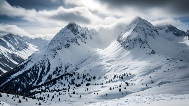 Majestic SnowCapped Mountains Under Cloudy Sky - Powered by Adobe