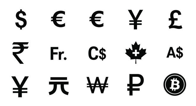 Collection of various international currency symbols displayed in black and white