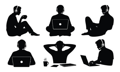 Customer Support Team Silhouette Using Headsets and Laptops