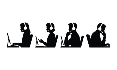 Customer Support Team Silhouette Using Headsets and Laptops