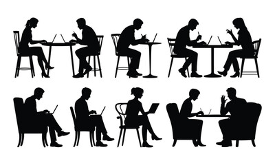 Office Work Silhouette Set of People Using Computers