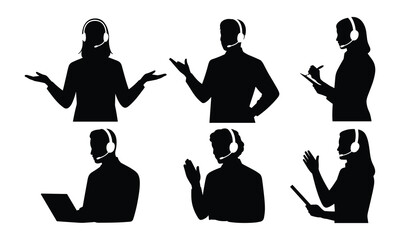 Customer Support Team Silhouette Using Headsets and Laptops