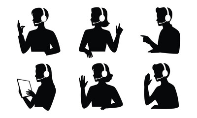 Customer Support Team Silhouette Using Headsets and Laptops