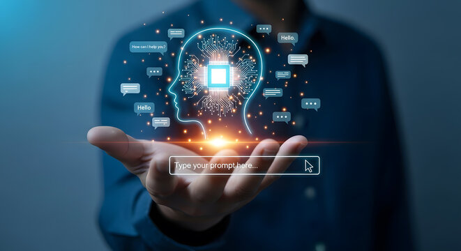 Human hand presenting a holographic artificial intelligence brain with circuit pattern and chat bubbles - Powered by Adobe