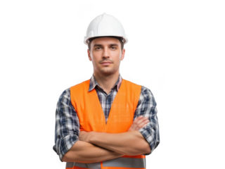 Construction worker in safety gear standing with arms crossed