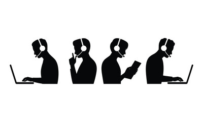 Customer Support Team Silhouette Using Headsets and Laptops