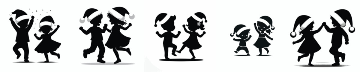 vector silhouette of little boy and little girl dancing happily on christmas