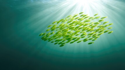 School of Green Fish Swimming Underwater with Sun Rays
