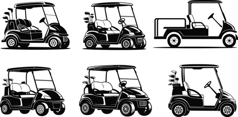 Golf cart silhouette illustration set showing various sport, utility and passenger cart designs for transportation, mobility and vehicle vector design © Rayhan