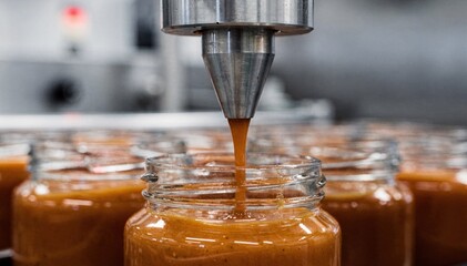 Narrowneck jar filling nozzle releasing thick sauce with controlled steady stream focusing on the streamlined tip and jar compatibility in highspeed production.