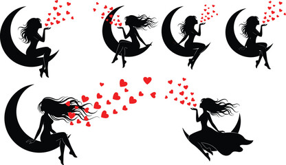 Woman sitting on crescent moon blowing hearts silhouette illustration set showing romantic fantasy love concept in elegant black vector design