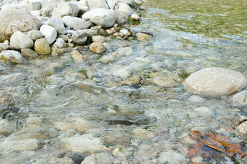 Clear Shallow River Water Flowing Over Rocks and Stones