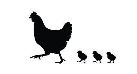 A silhouette of a hen leading her three chicks in a line