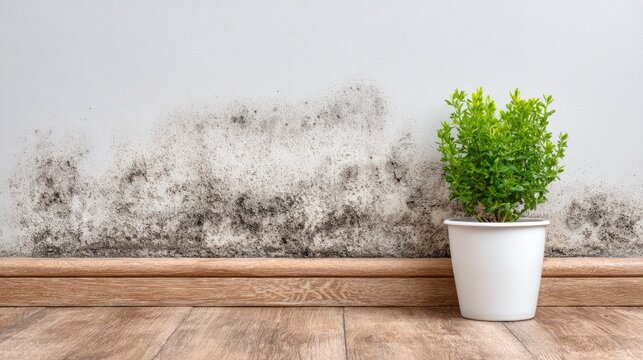 Indoor Mold Growth on Wall with Houseplant Showing Moisture Damage