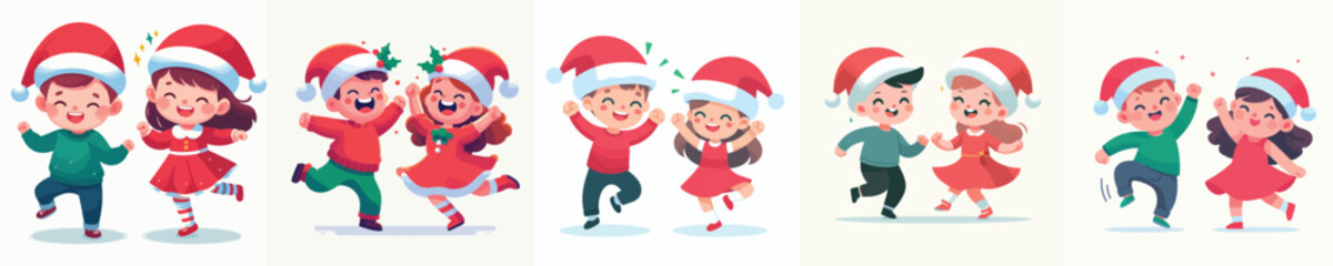 vector of little boy and little girl dancing happily on christmas