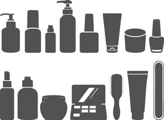 Clean Black and White Beauty Icons Pack Featuring Cosmetic Products, Makeup Tools, and Skincare Items for Digital Design