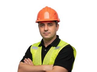 Construction worker wearing orange hard hat and yellow safety vest